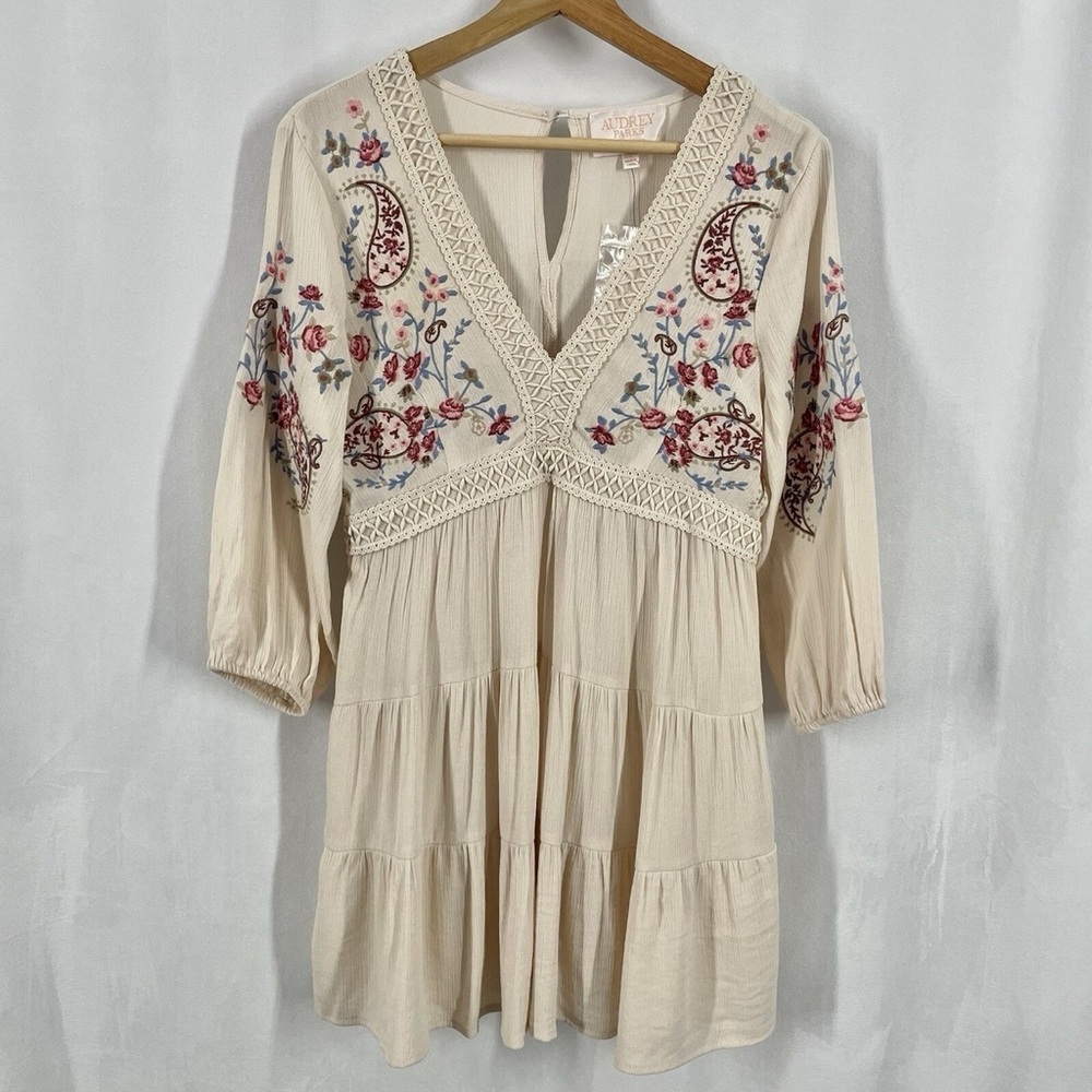 Audrey Parks Francescas Embroidered Baby Doll 3/4 Sleeve Boho Mini Dress Cream S